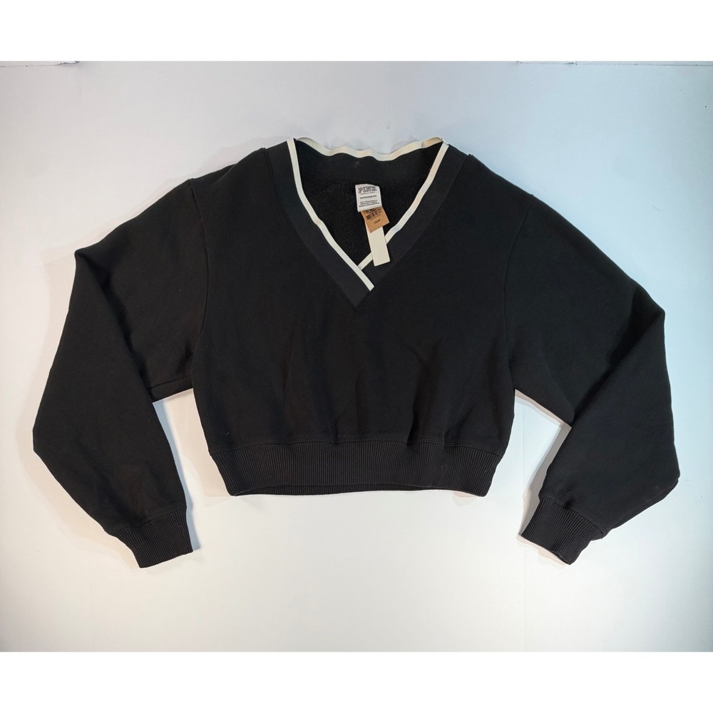 Pink Victoria's Secret Black Cropped V-Neck Sweatshirt Varsity Trim XS NWT